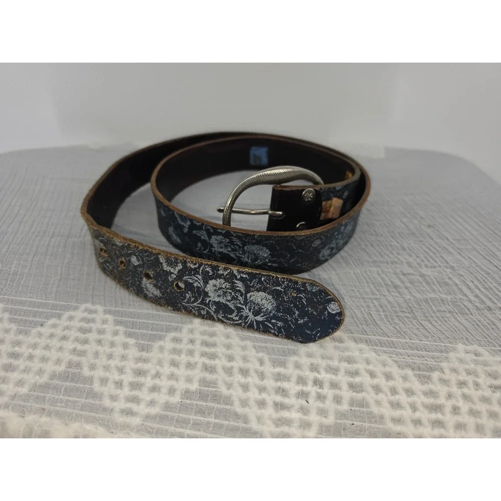 Robert Graham Mens Reversible Leather Belt Brown Blue Floral Silver Buckle 38